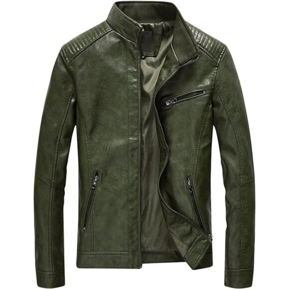 Army Green Faux Leather‎ Military Jacket Slim Fit Moto Biker Bomber Jacket Coat - Picture 2 of 9